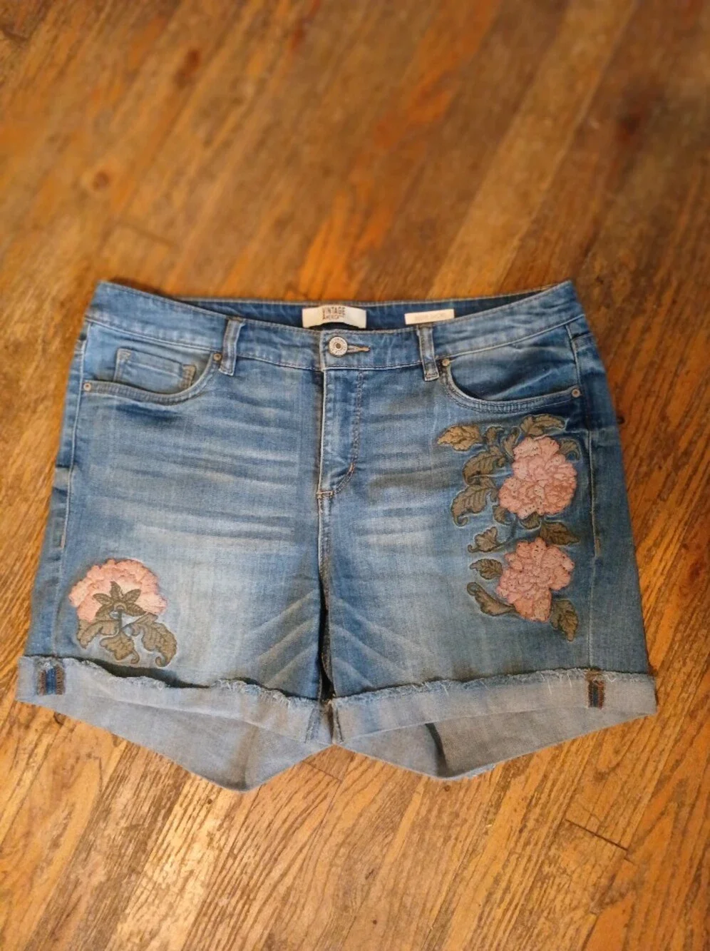 Floral Embroidered Blue Denim Cuffed Shorts